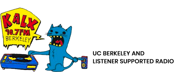 KALX logo depicting a blue cartoon cat with its mouth open, operating a record player with its left arm while plugging its tail into an electrical outlet. A yellow dialogue bubble displays the text "KALX 90.7FM Berkeley".